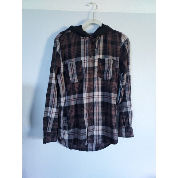 Modern Amusement Hooded Flannel Button up Shirt Mens Small Front Pockets - Picture 1 of 4